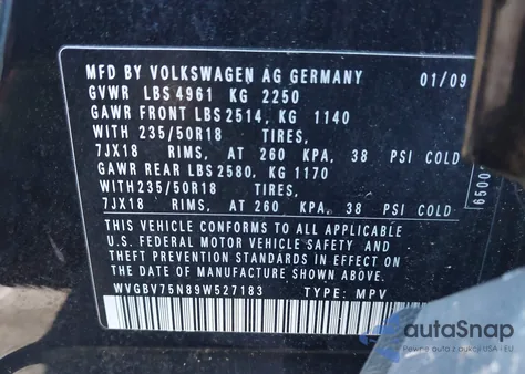 2009 Volkswagen Tiguan Sel from USA, damaged, VIN WVGBV75N89W527183